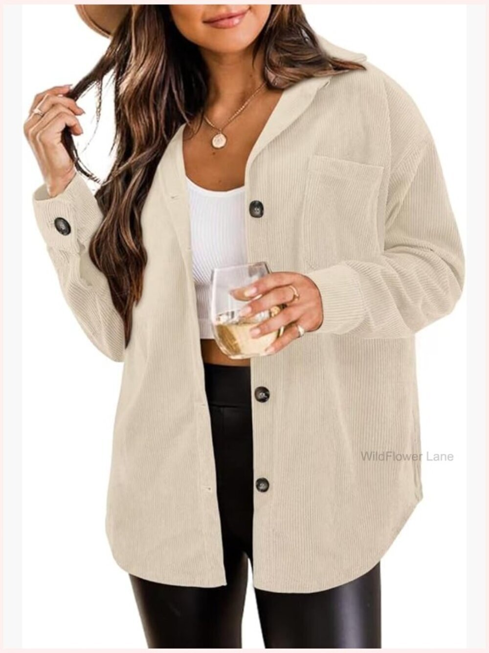 Plus Size Corduroy Button Down Shacket Jacket Long Sleeve Tops Blouses